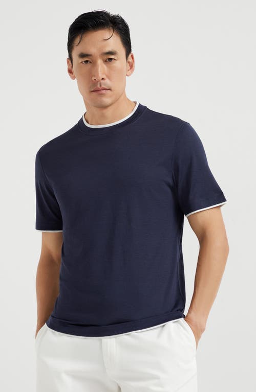 Brunello Cucinelli Men Silk And Cotton Jersey Crew-neck T-shirt With Faux-layering In Cobalt