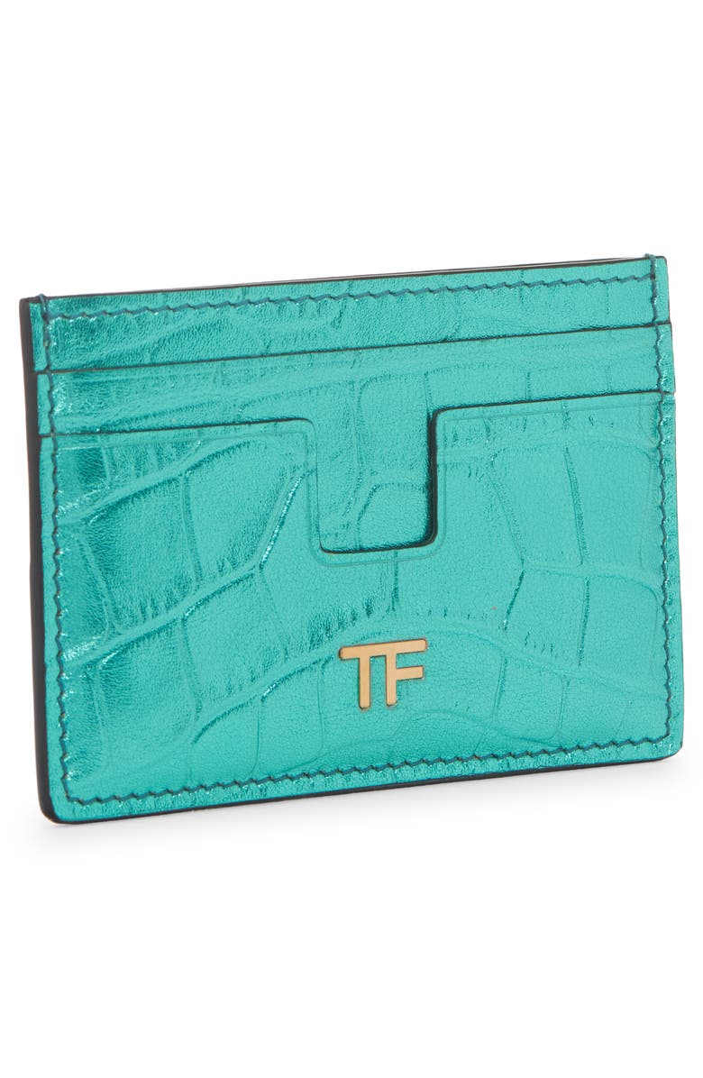 TOM FORD T-Line Metallic Croc Embossed Leather Card Holder, Alternate, color, 