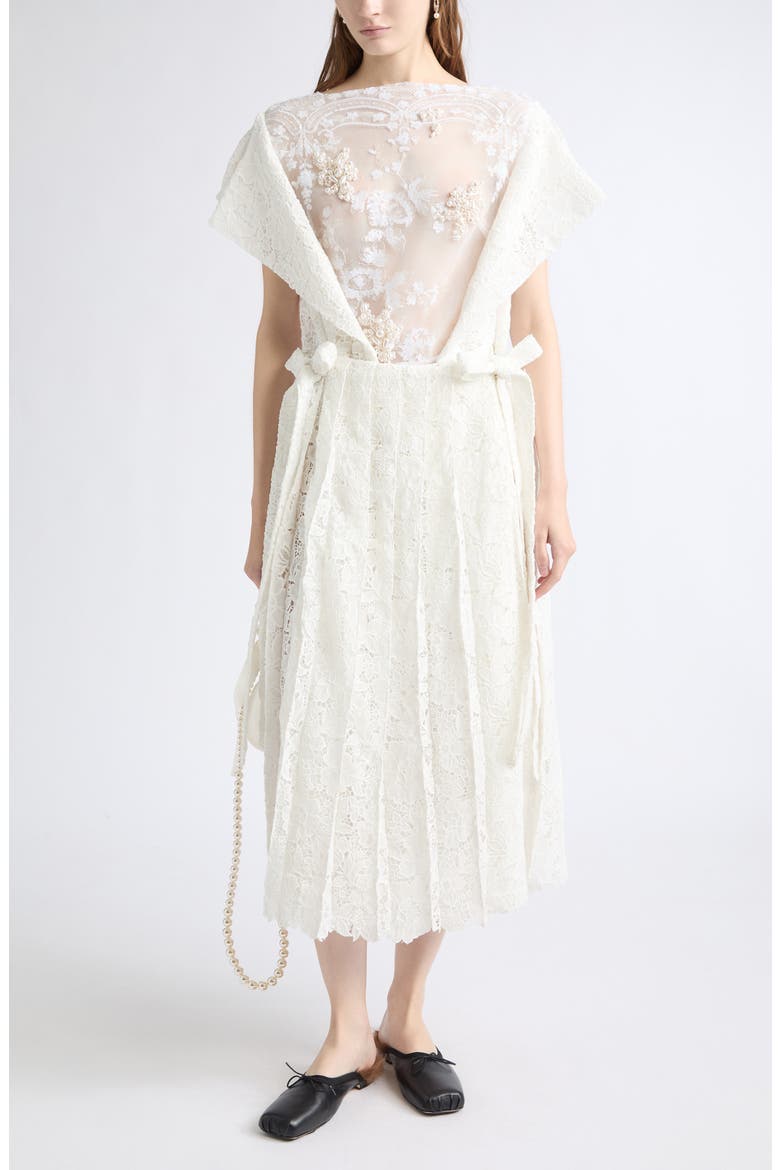 Pleated Sheer Panel Lace Flare Dress, Main, color, IVORY/ WHITE/ PEARL