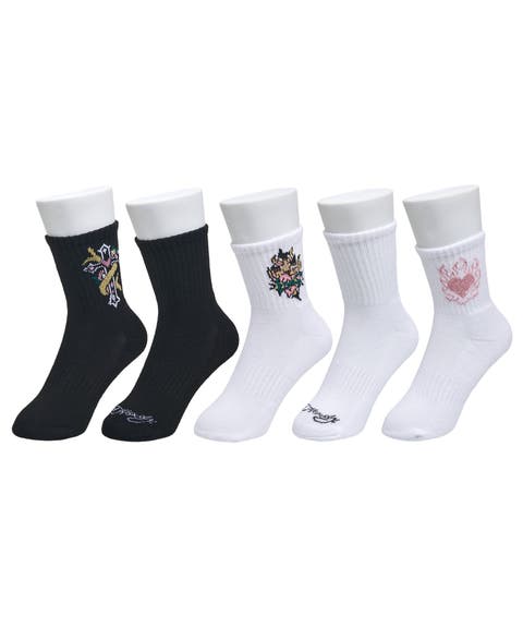 Flowery Cross Print Half Cushion Mid Crew Sock 5 Pack