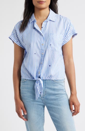 Beachlunchlounge Rosie Embroidered Tie Front Short Sleeve Button-up Shirt