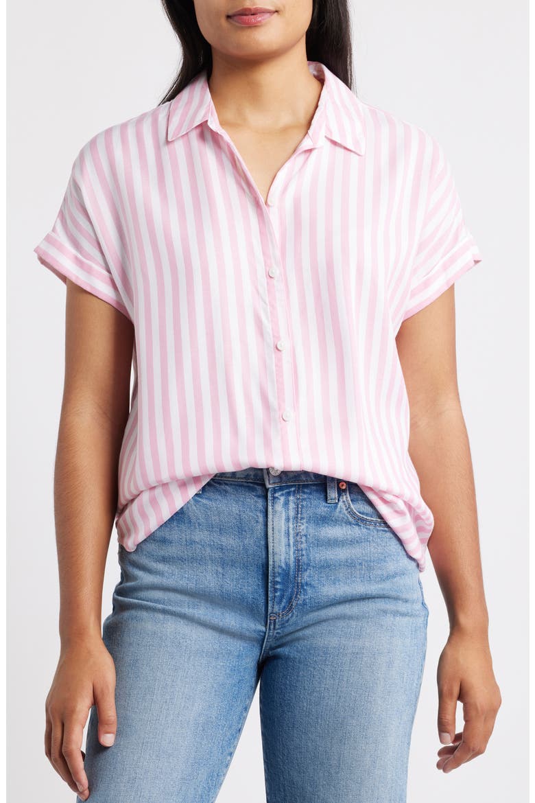Kenzie Stripe Short Sleeve Button-Up Shirt, Main, color, PEARL PINK
