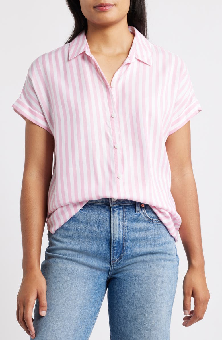 beachlunchlounge Kenzie Stripe Short Sleeve Button-Up Shirt, Main, color, Pearl Pink