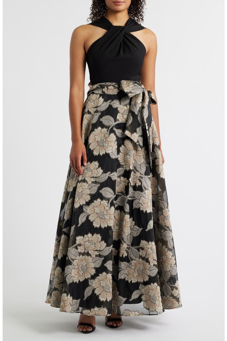 Twist Neck Sleeveless Gown, Main, color, BLACK CHAMPA