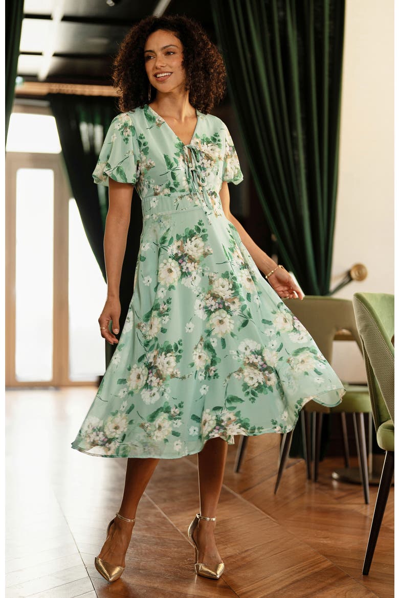 Floral Front Tie Detail Tea Dress, Alternate, color, Mint Green