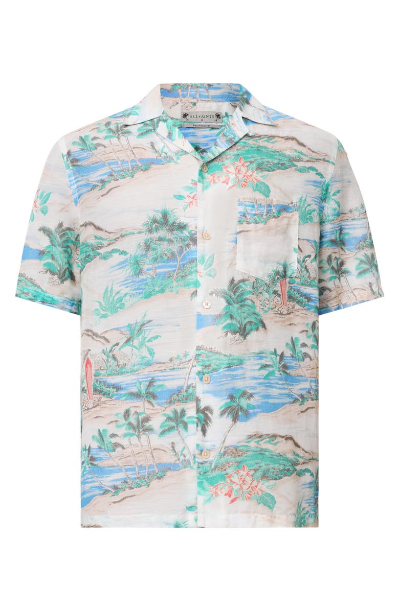 AllSaints Biarritz Tropical Print Viscose & Linen Camp Shirt, Alternate, color, Frosted White