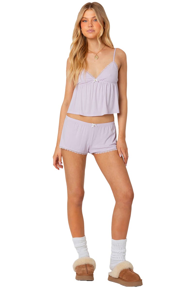 EDIKTED Buffy Lace Trim Shorts, Alternate, color, Lilac