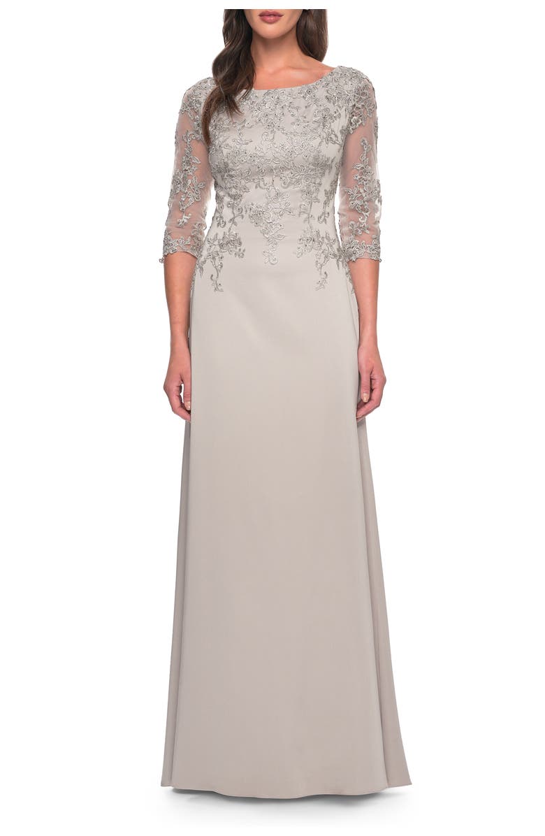 La Femme Jersey Gown with Boat Neckline and Lace Detailing, Main, color, Silver