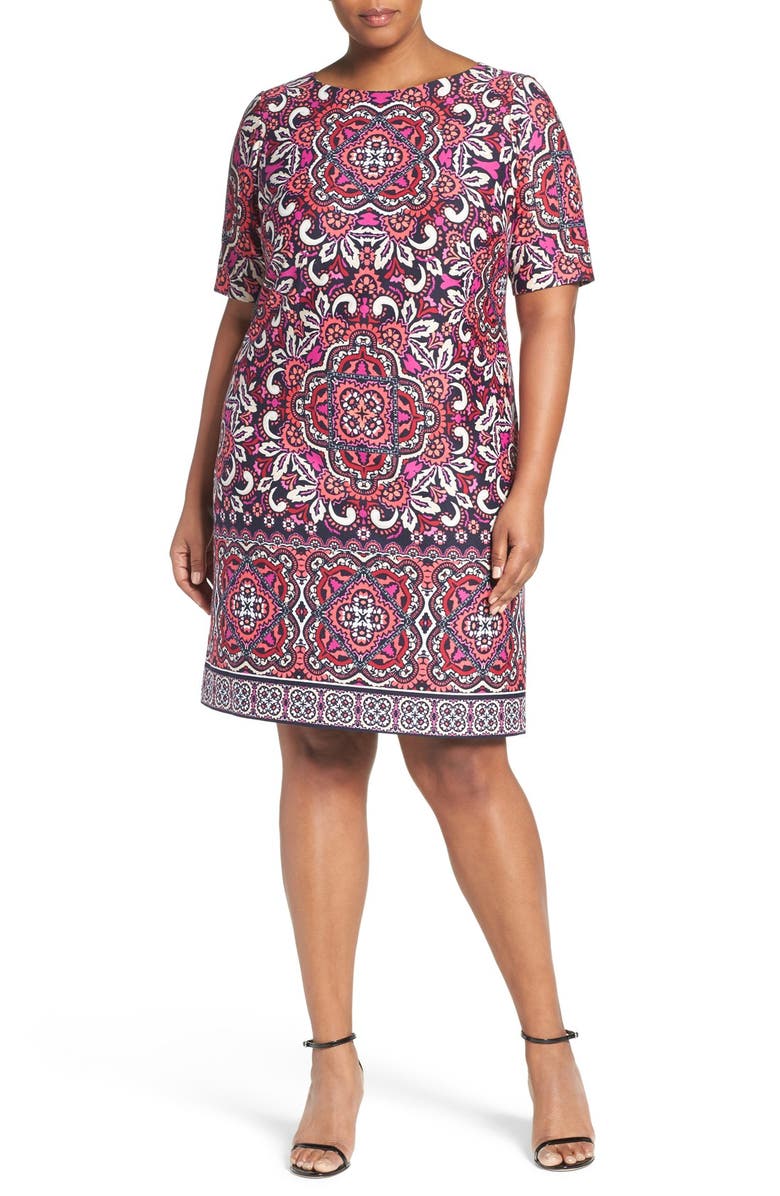 Eliza J Border Print Ponte Shift Dress, Alternate, color, Pink/ Navy Multi