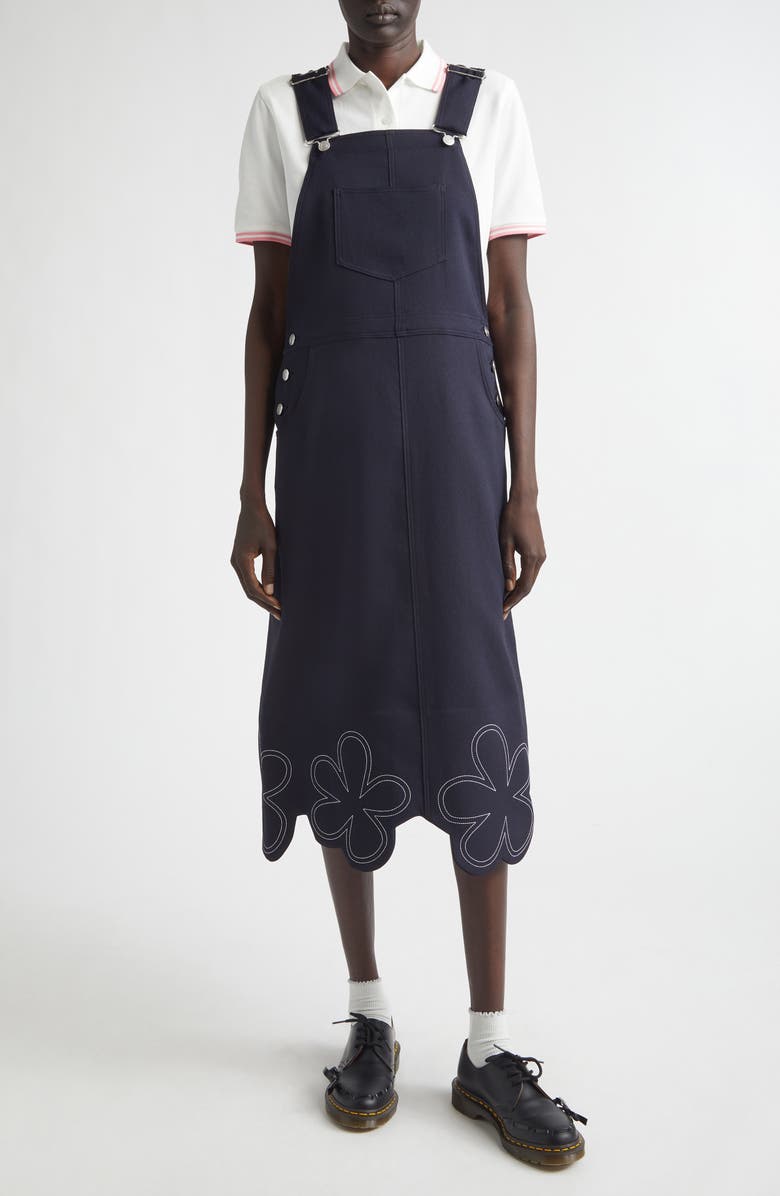 Comme des Garçons Girl Embroidered Daisy Hem Overalls Dress, Main, color, Navy