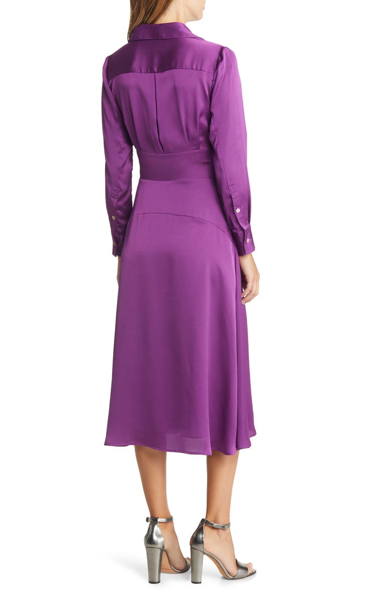 Tahari ASL Tie Front Long Sleeve V-Neck Satin Shirtdress, Alternate, color, 