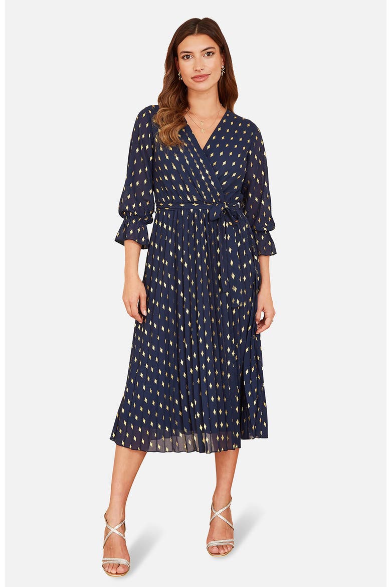 Foil Printed Pleated Wrap Midi Dress, Main, color, Navy