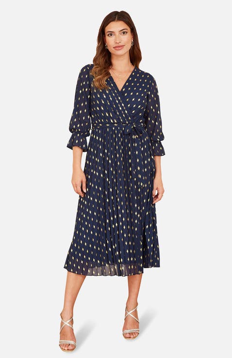 Wrap Foil Pleated Midi Dress