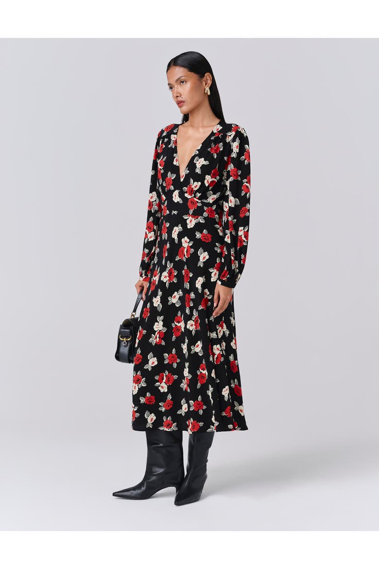 Gracie Floral V Neck Midi Dress, Main, color, Black Flower