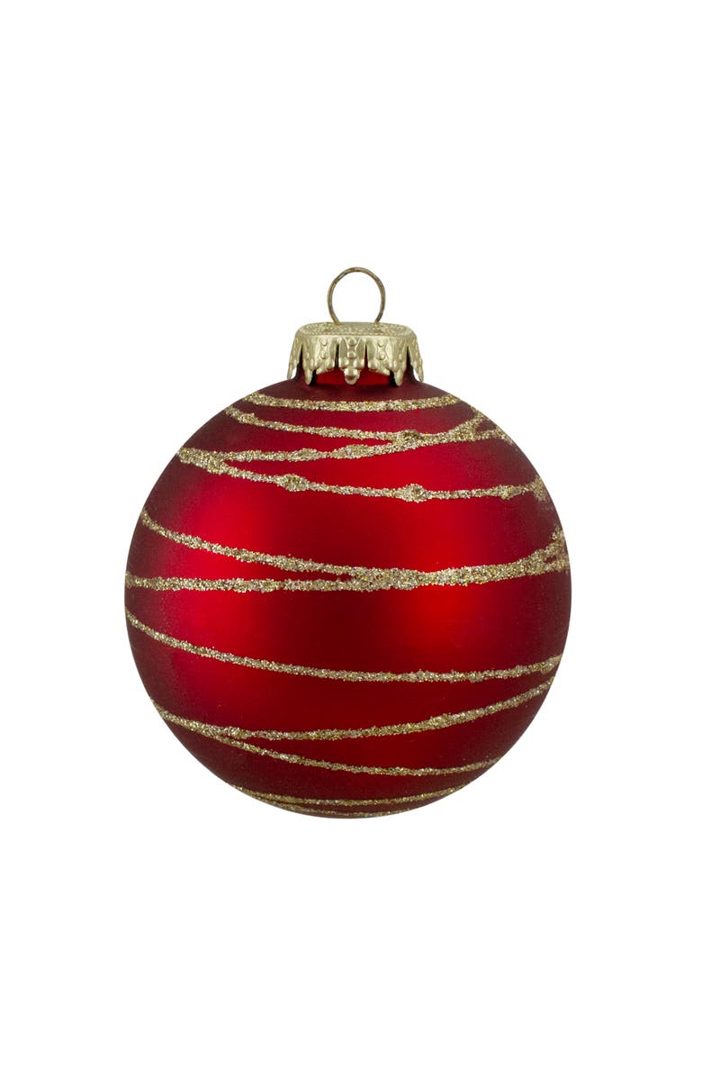 Northlight Glittered Golden Stripes Christmas Glass Ball Ornaments - 3" (75mm) - Red and Green - 4ct, Alternate, color, Red