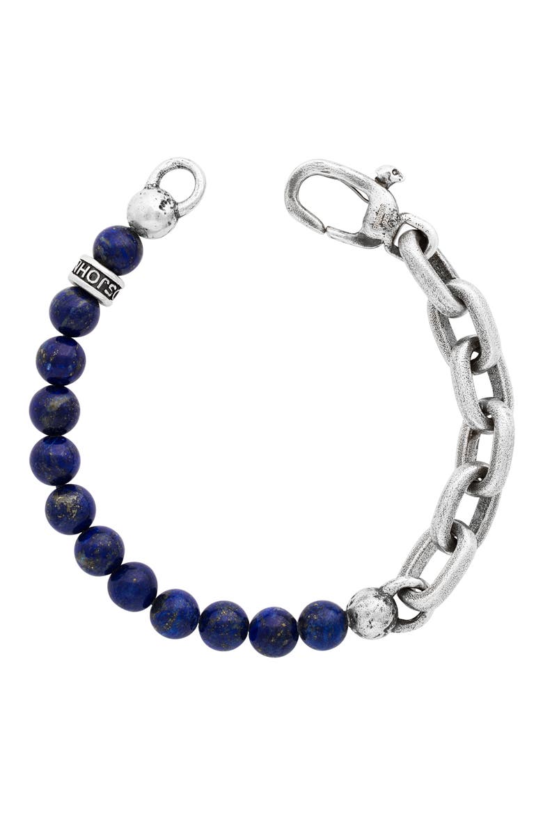 Men's Lapis Lazuli Bead & Chain Link Bracelet, Main, color, SILVER