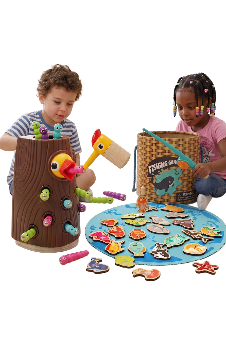 2-in-1 Wooden Magnetic Bird Feeding & Fishing Game Set for Fine Motor Skill Development, Main, color, Multicolor