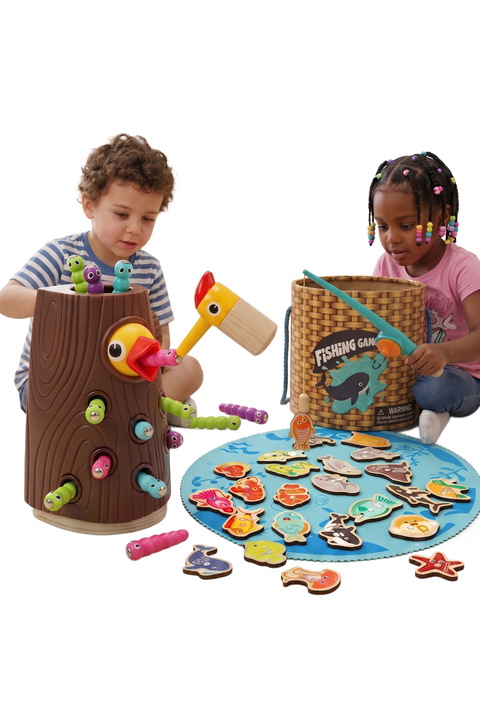 2-in-1 Wooden Magnetic Bird Feeding & Fishing Game Set for Fine Motor Skill Development