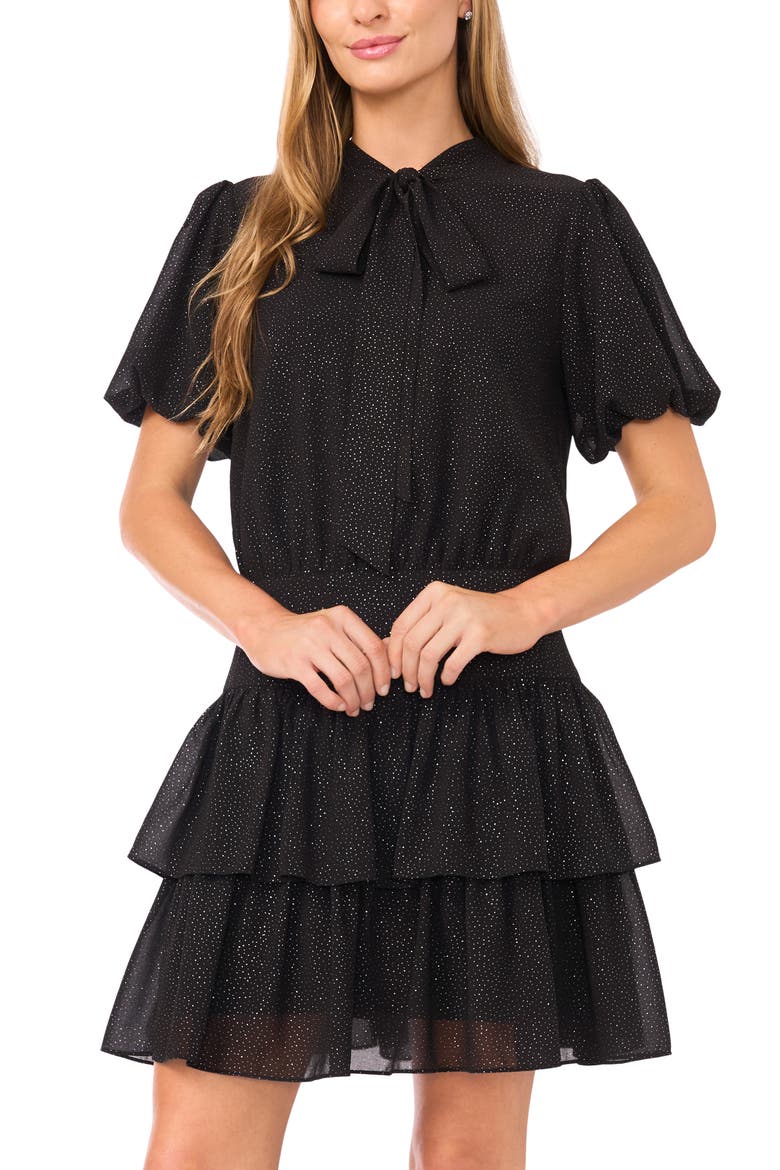 Sparkly Puff Sleeve Tie Neck Tiered Dress, Alternate, color, RICH BLACK