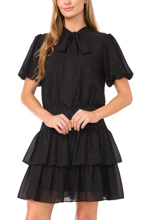 Cece Sparkly Puff Sleeve Tie Neck Tiered Dress In Black