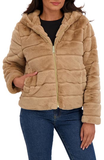Sebby Hooded Faux Fur Jacket In Brown