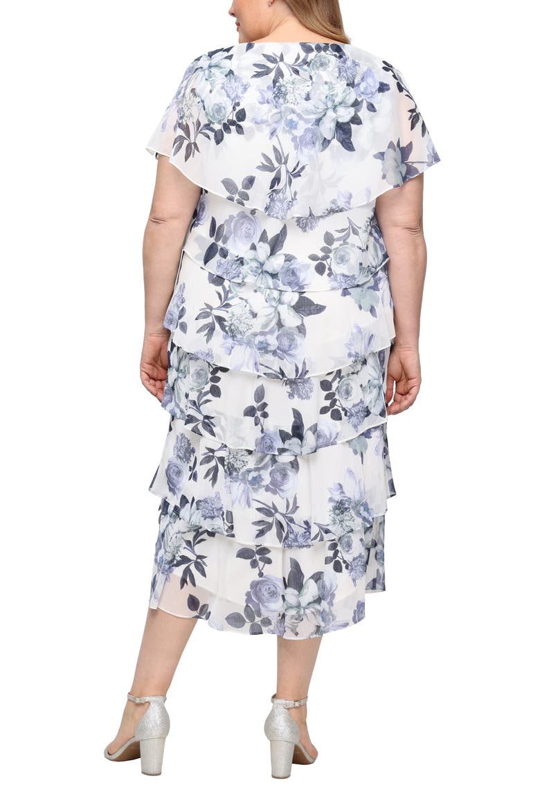Floral Capelet Tiered Midi Dress, Alternate, color, IVORY/ BLUE