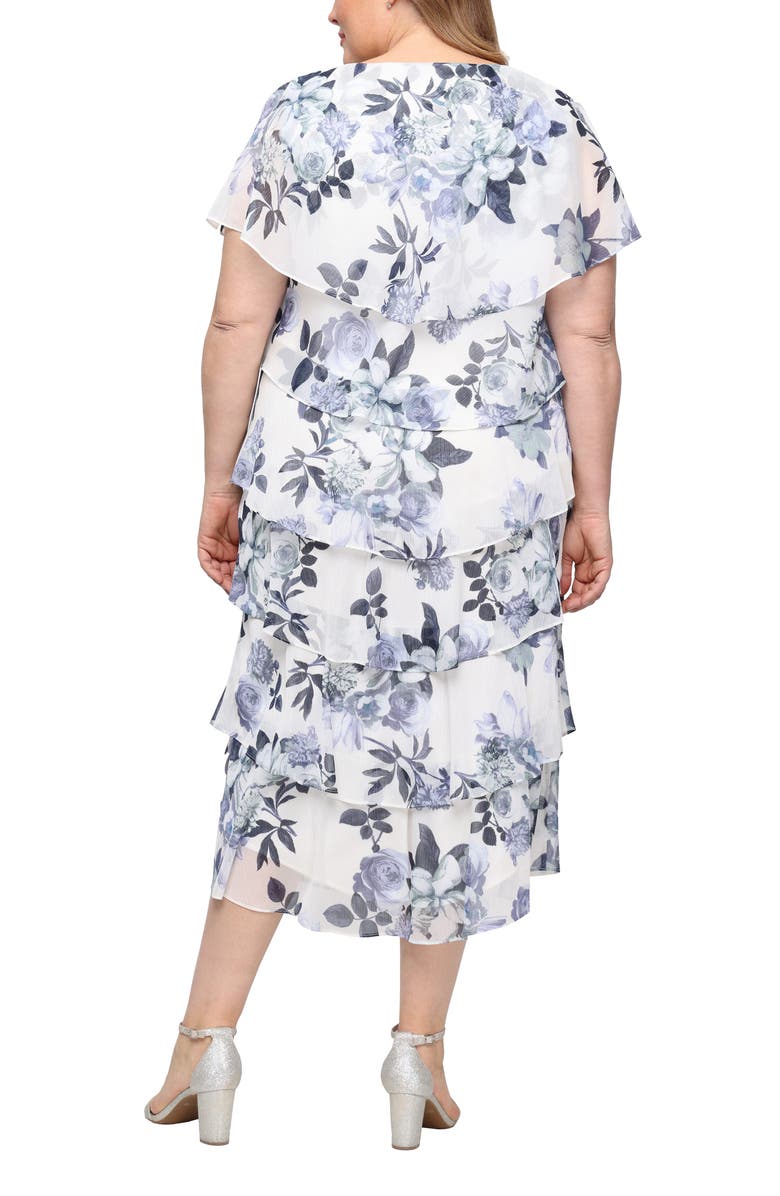 SL FASHIONS Floral Capelet Tiered Midi Dress, Alternate, color, Ivory/ Blue