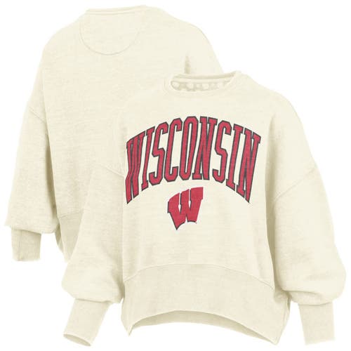 Pressbox Natural Wisconsin Badgers Oversized Waist-length Crewneck Sweatshirt In Brown