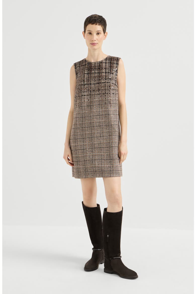 Checked alpaca and wool mini dress with dazzling degradé embroidery, Main, color, Brown