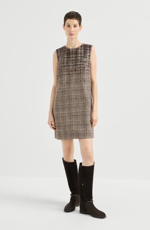 Checked alpaca and wool mini dress with dazzling degradé embroidery