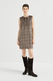 Brunello Cucinelli Checked alpaca and wool mini dress with dazzling degradé embroidery