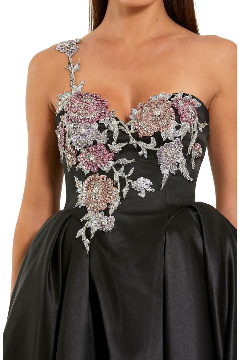 One Shoulder Satin Midi Dress With Beaded Flowers, Alternate, color, Black Multi
