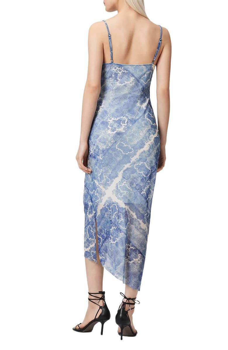 AllSaints Ulla Paisley Print Ruched Asymmetric Hem Midi Dress, Alternate, color, Joanne Blue