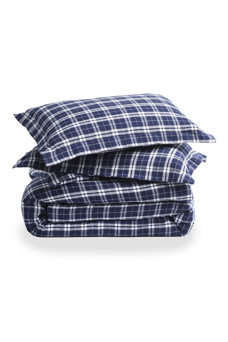 Oxford Tartan Cotton Flannel Duvet Cover, Main, color, NAVY