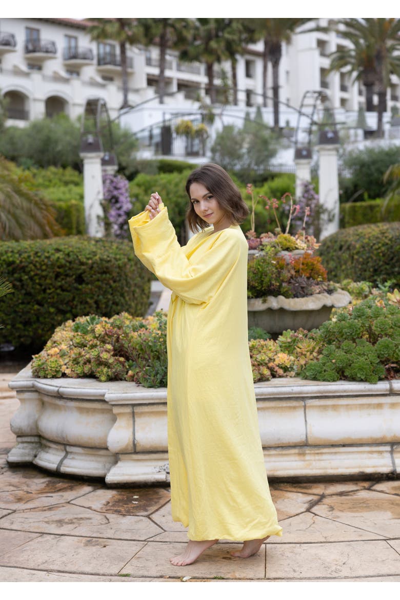 Palm Embroidered Silk Kaftan, Alternate, color, Yellow
