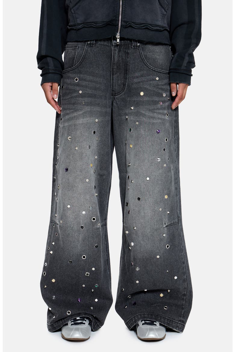 Trixa Jewel Studded Colossus Jeans, Main, color, BLACK