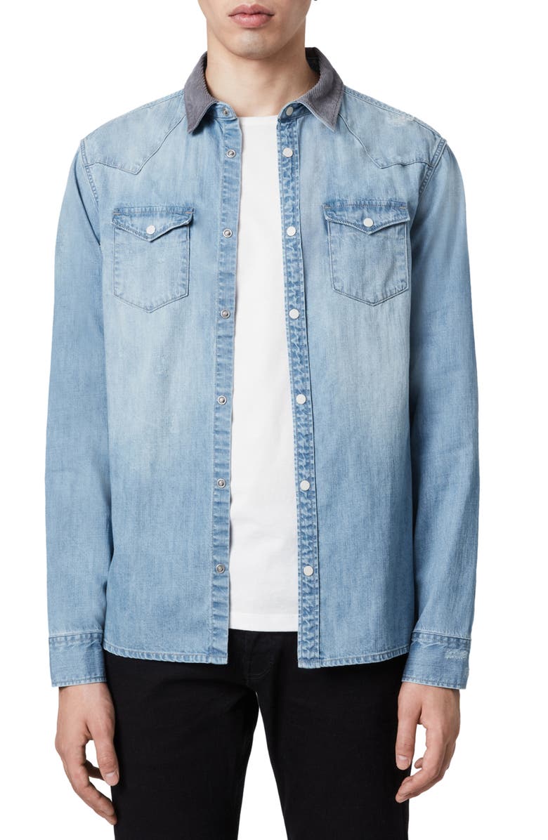 AllSaints Dearne Regular Fit Denim Shirt, Main, color, 