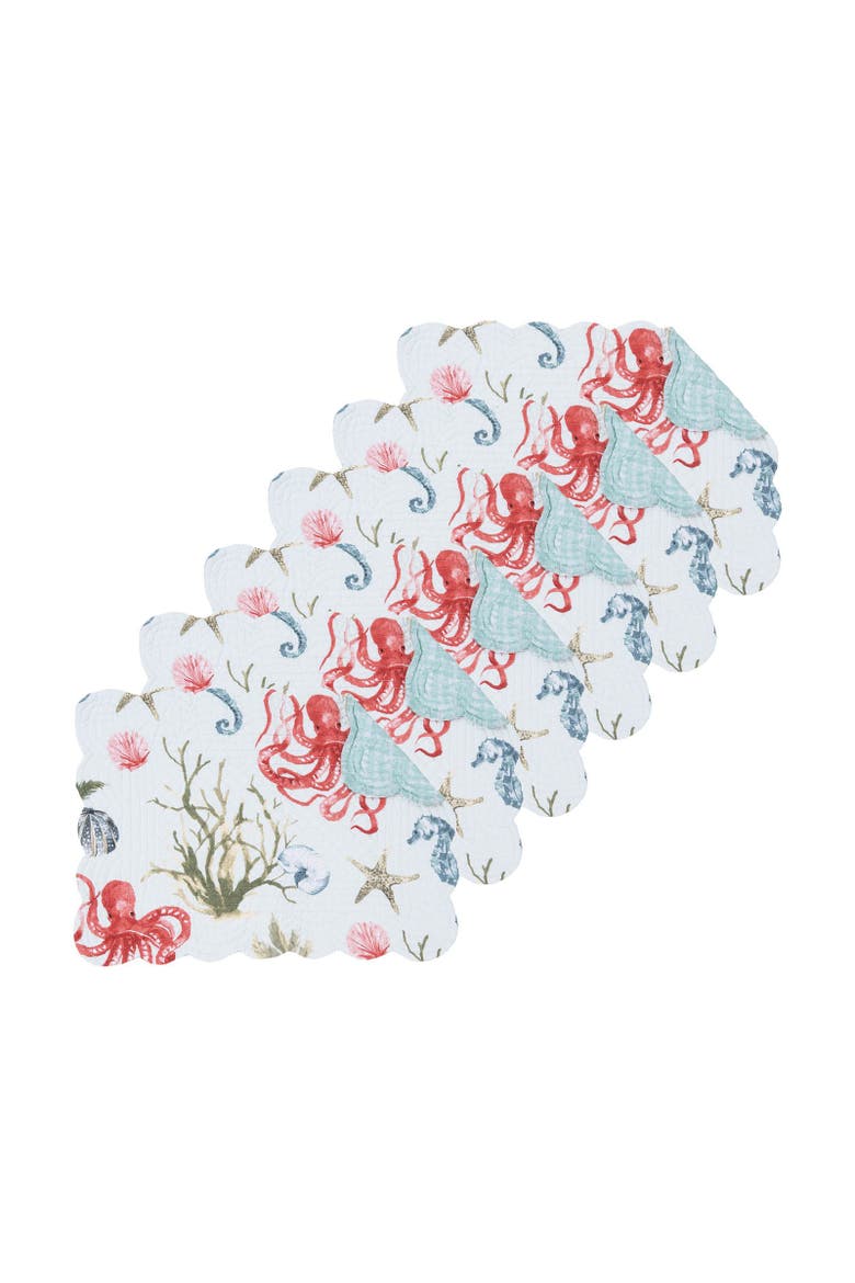 Behari Coastal Sea Life Cotton Quilted Reversible Placemats Set of 6, 13" x 19", Alternate, color, Blue