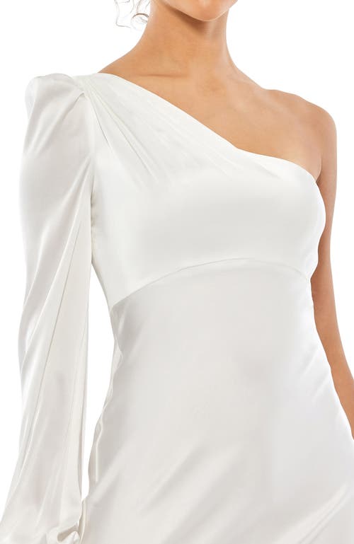 Mac Duggal One-shoulder Gown With Dramatic Puff Sleeve And Thigh-high Slit In White In White