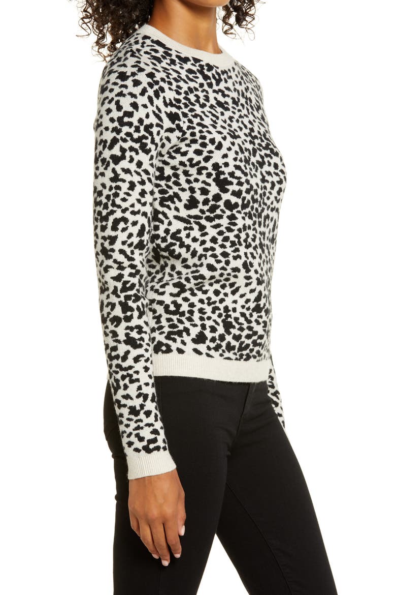 Leopard Pattern Crewneck Sweater, Alternate, color, OATMEAL HEATHER-BLACK LEOPARD