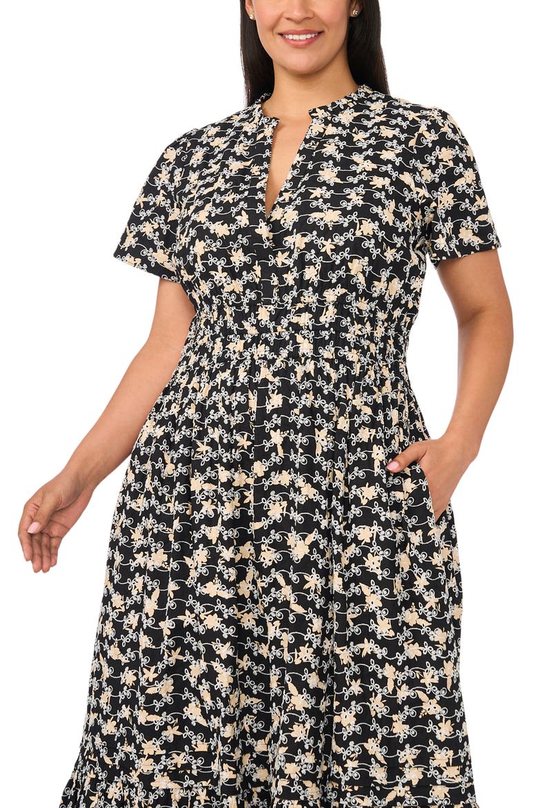 Embroidered Split Neck Tiered Cotton Maxi Dress, Alternate, color, RICH BLACK