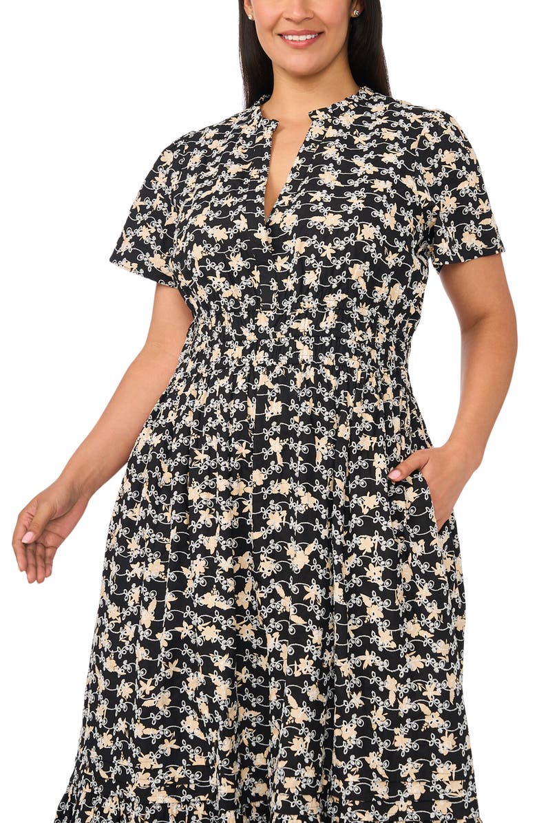 CeCe Embroidered Split Neck Tiered Cotton Maxi Dress, Alternate, color, Rich Black