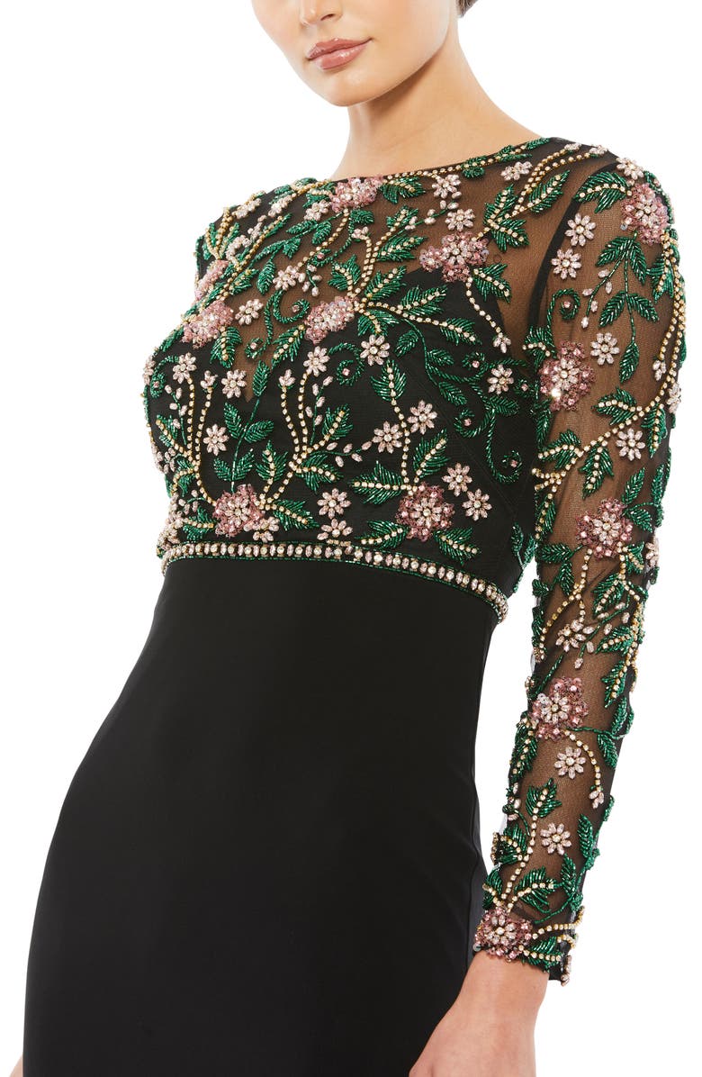 Mac Duggal Beaded Illusion High Neck Trumpet Gown, Alternate, color, Black Multi