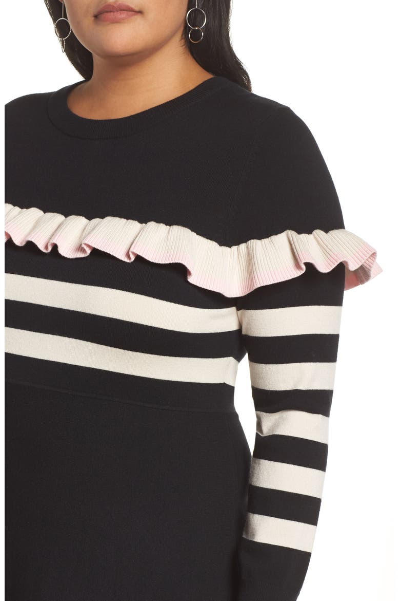 Ruffle Front Sweater Dress, Alternate, color, BLACK STRIPE