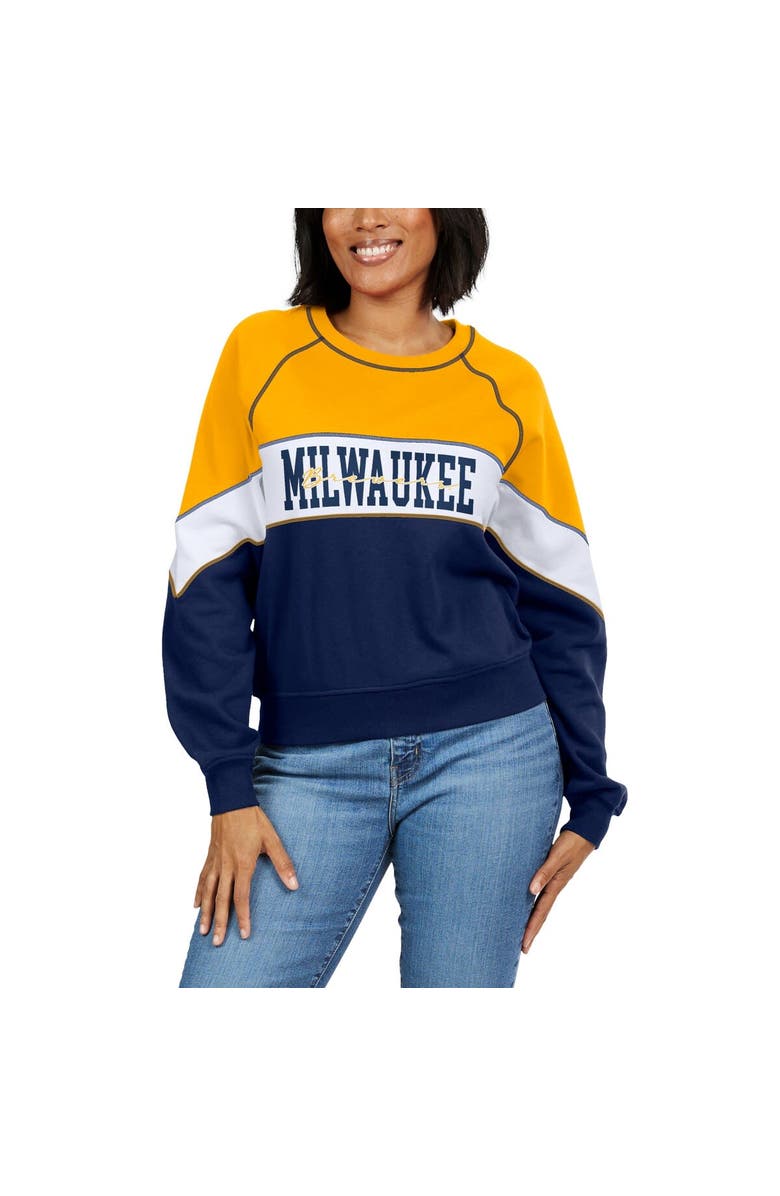 WEAR by Erin Andrews Women's WEAR by Erin Andrews Gold/Navy Milwaukee Brewers Color Block Crew Neck Pullover Sweatshirt, Alternate, color,