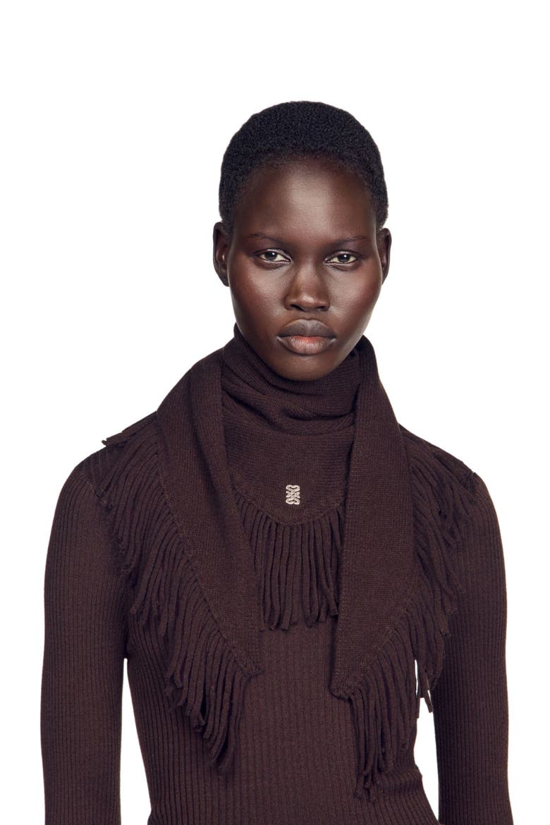 Fringed Wool Triangle Scarf, Main, color, Brown