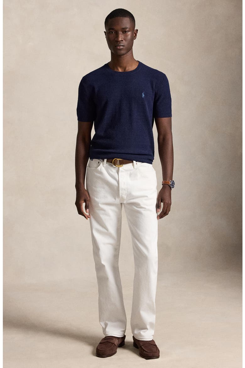 Cotton & Linen Piqué Short Sleeve Sweater, Alternate, color, BRIGHT NAVY