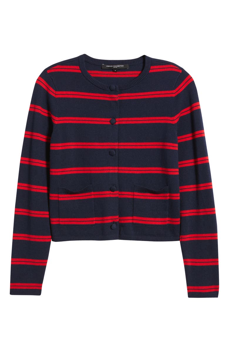 French Connection Padma Stripe Fine Knit Cardigan, Alternate, color, Royal Blue/ Red Stripe