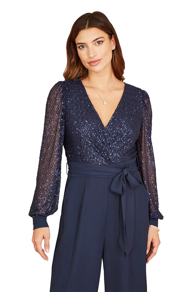 Long Sleeved Sequin Jumpsuit, Alternate, color, Navy