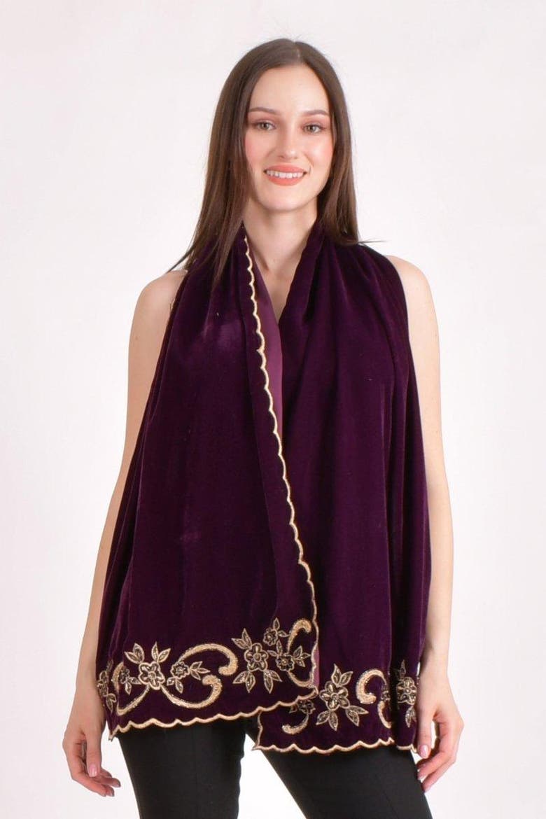 Cutwork Floral Hand Embroidered Velvet Scarf, Alternate, color, Wine